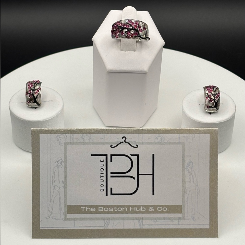 ❣️NEW Gorgeous Set Earrings + Ring Both Pink CZ Sterling Silver Ring Size 7.5